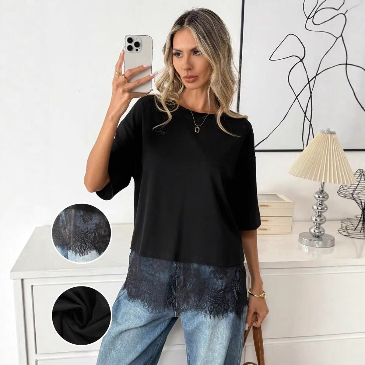 Women Round Neck Lace Splicing Loose T-Shirt