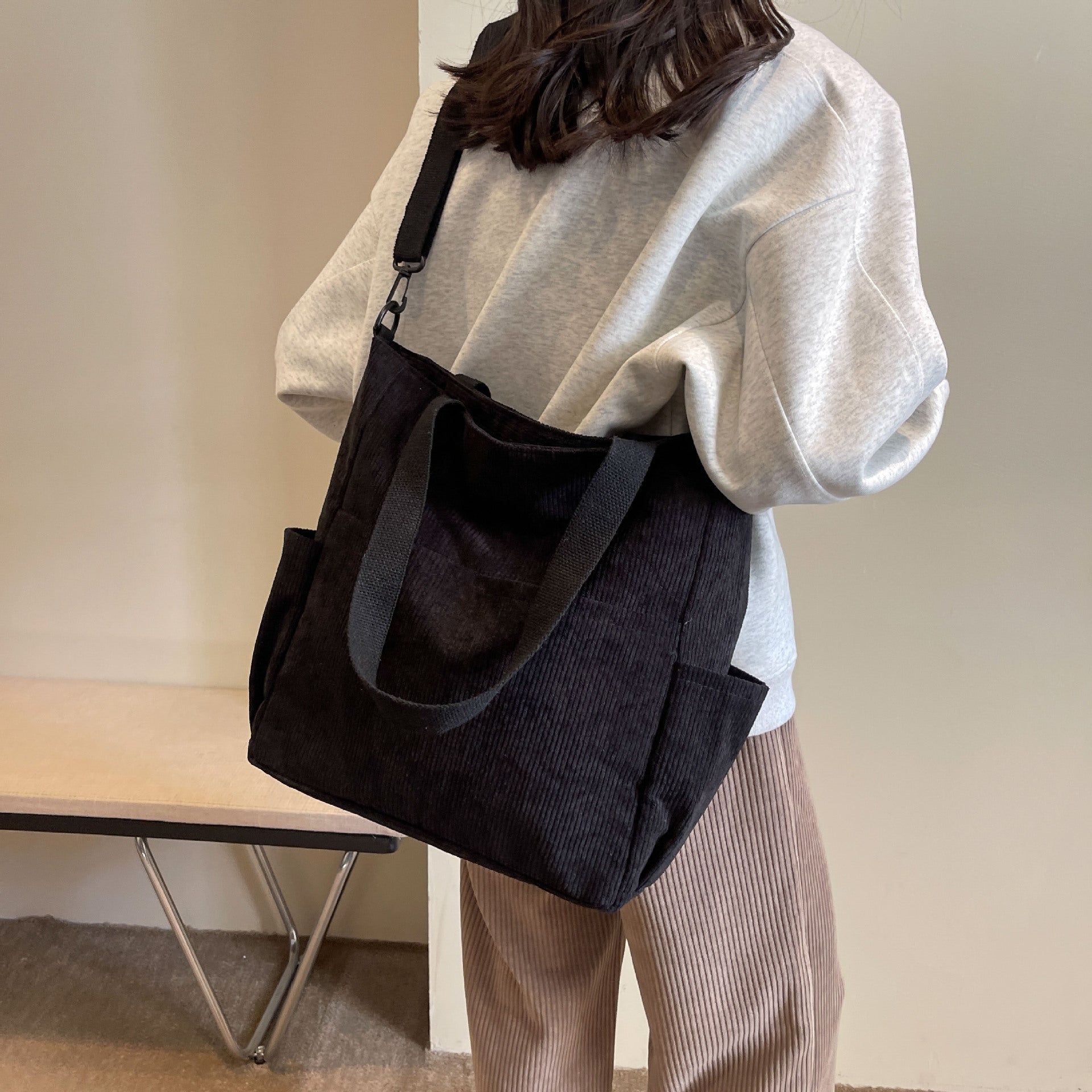 Large Corduroy Multi Pocket Convertible Shoulder Tote Bag