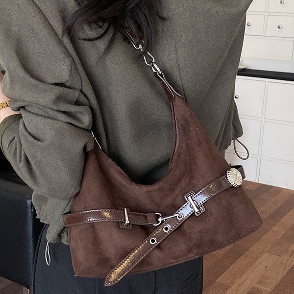 Soft Suede Belted Hobo Shoulder Bag