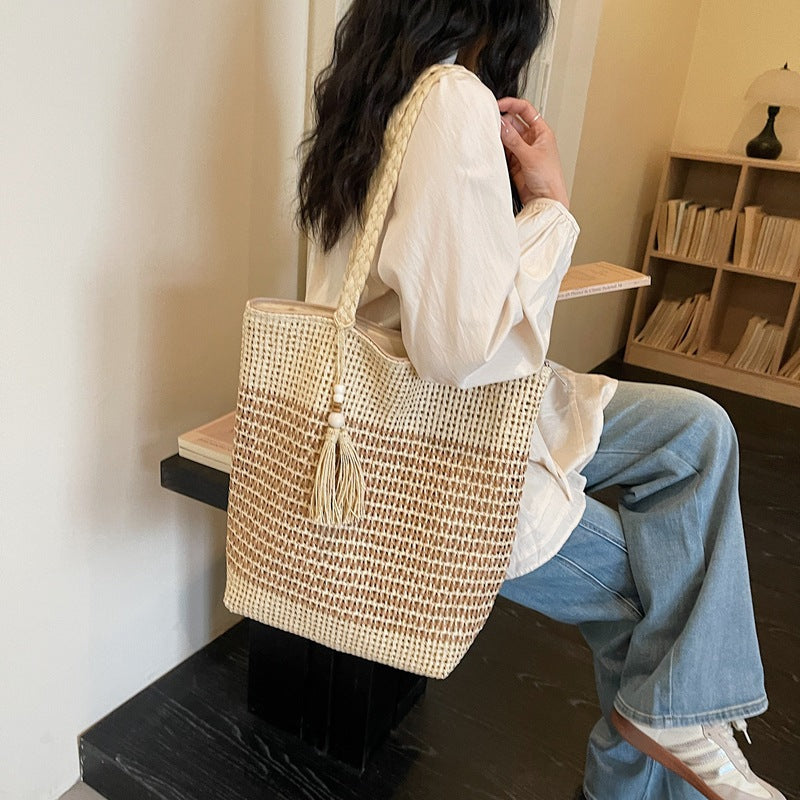 Women Lazy Woven 2026 New Tassel Straw Beach Large Shoulder Bag