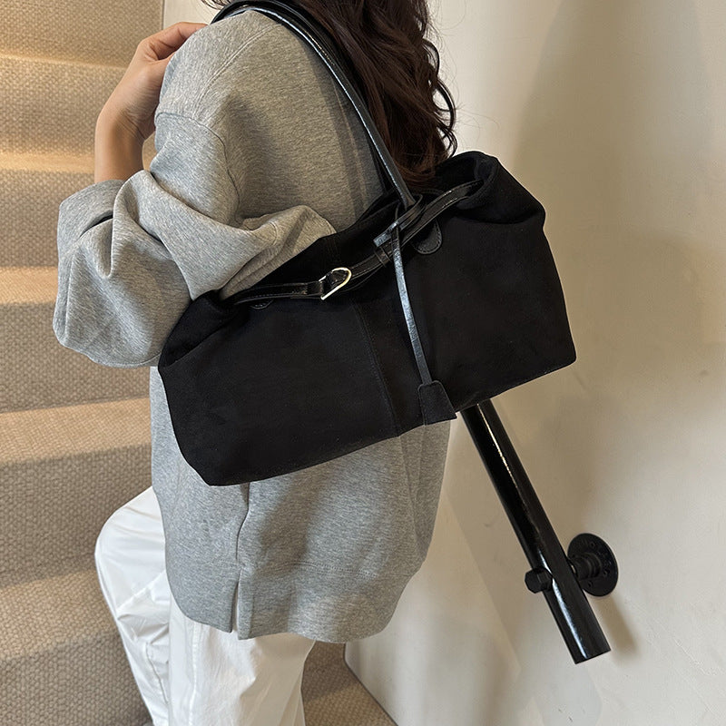 Vintage Suede-Look East-West Shoulder Bag with Belt Detail
