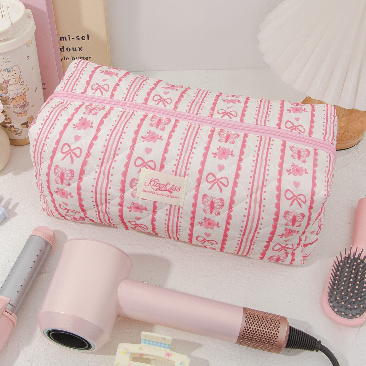 Vertical Stripe Red Strawberry Cotton Cosmetic Bag