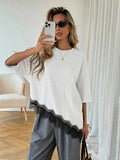 Women Leopard Print Stitching Lace Loose Short-Sleeve T-Shirt