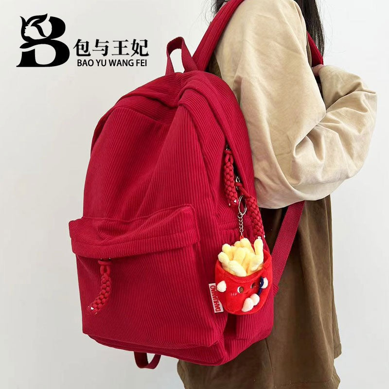 New Corduroy College Student Backpack Women'S Large Capacity School Bag Junior High School Student Solid Color Simple Travel Backpack For Men And Women