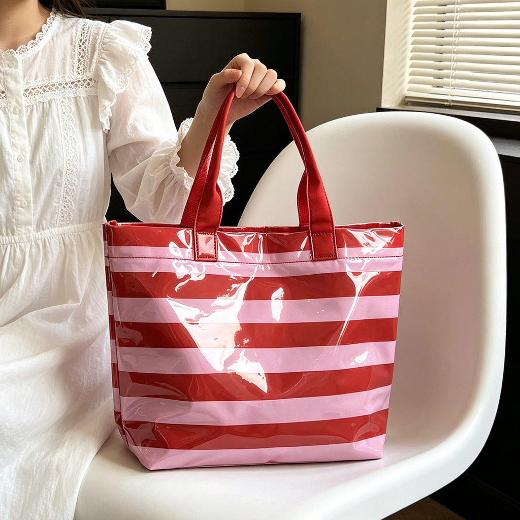 Glossy PVC Striped Waterproof Large Capacity Tote Bag