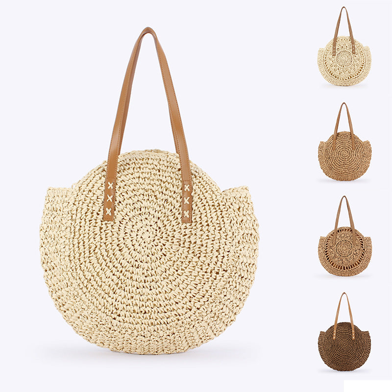 Women Simple Round Paper Rope Woven Shoulder Fashion Seaside Beach Vacation Bag