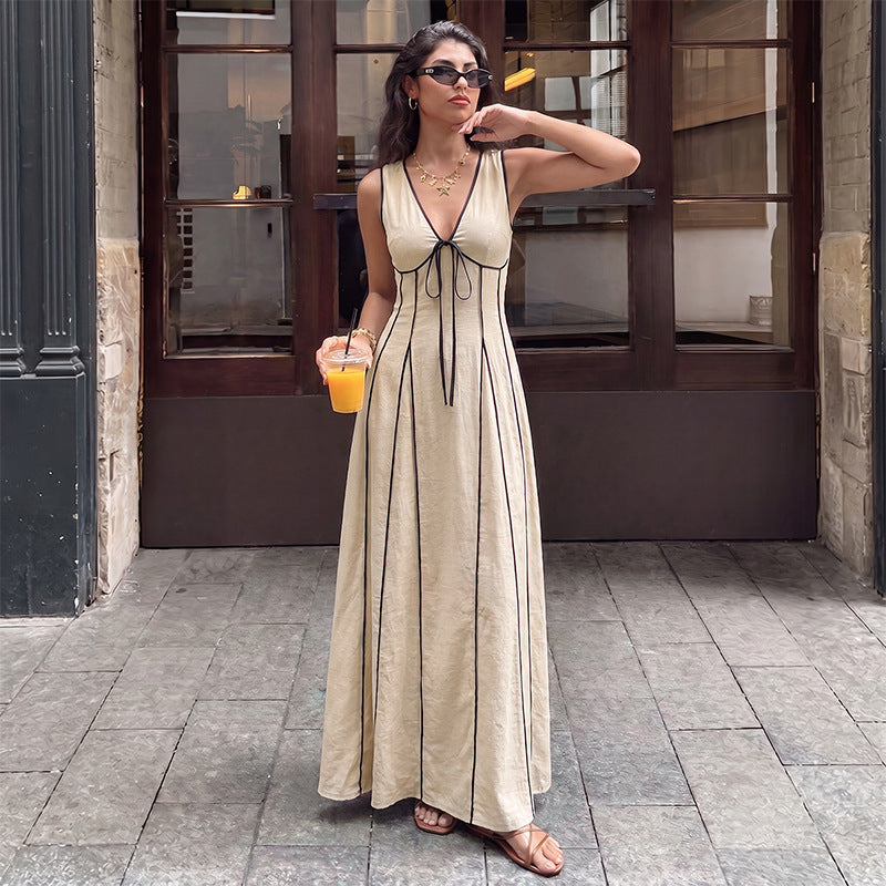2026 Summer New Color Block V Neck Tie Sleeveless Waist Cinch Dress