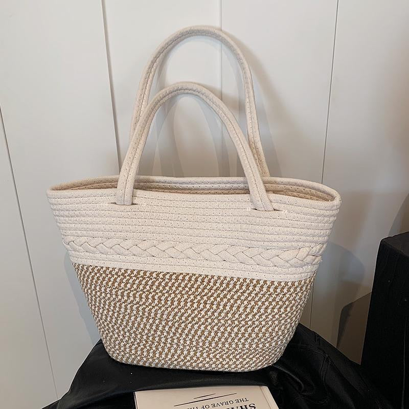 2026 New Simple Rounded Straw Woven Cotton Rope Holiday Commuter Tote Bag