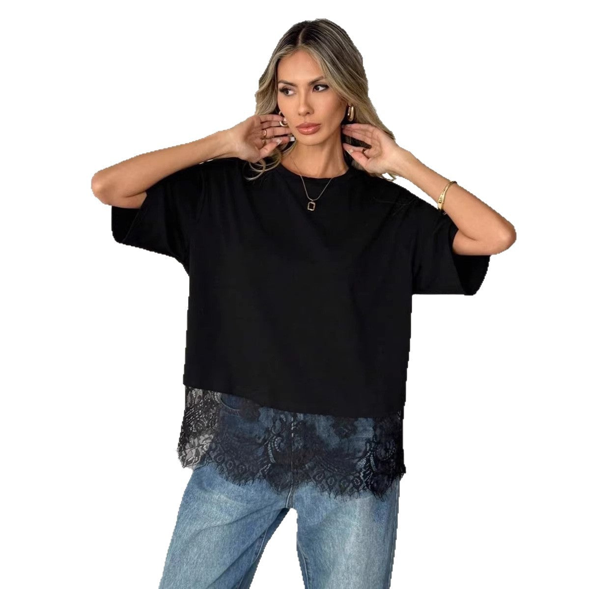 Women Round Neck Lace Splicing Loose T-Shirt