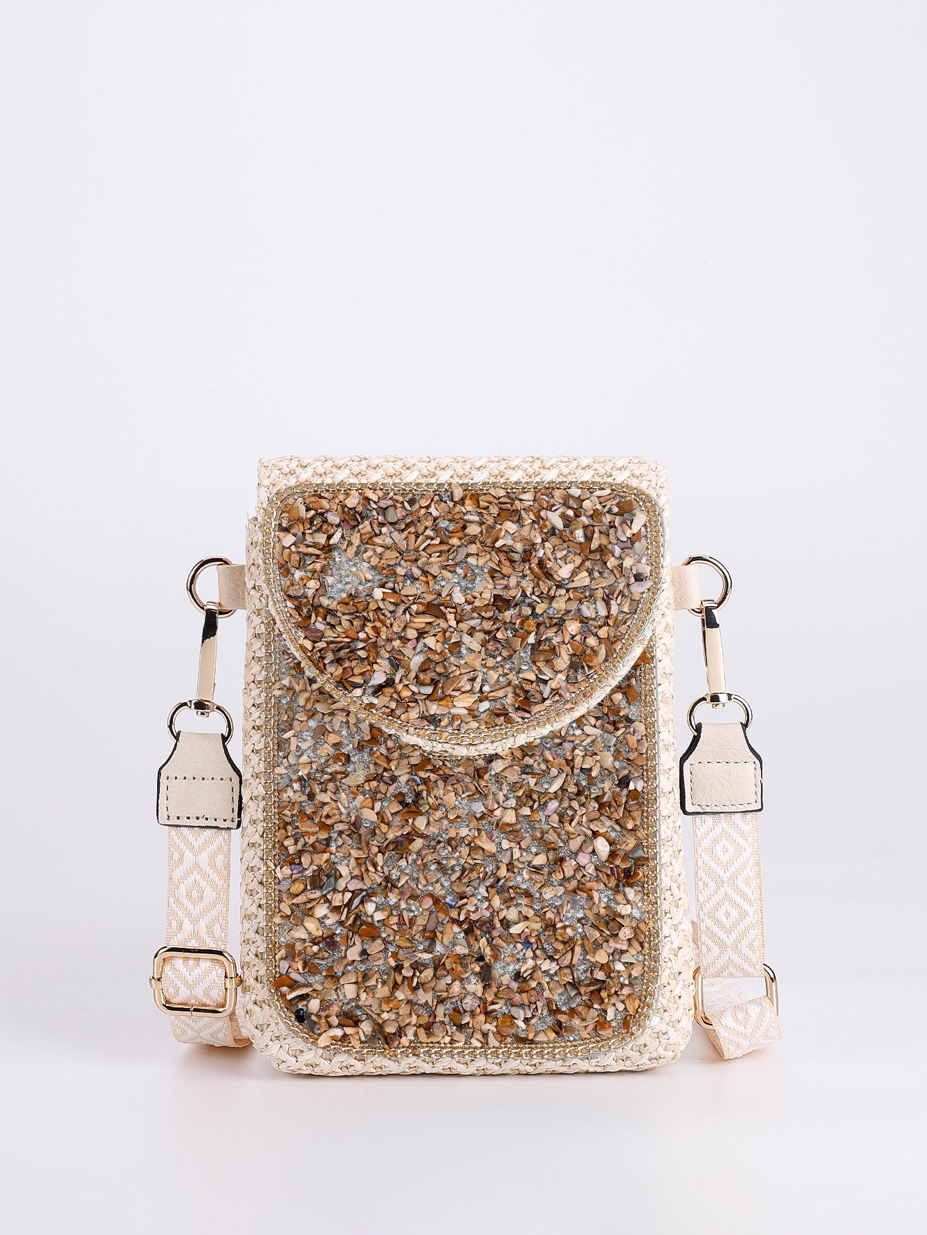 Women Luxury Straw Crossbody Bag, Fashion Beaded Woven Phone Shoulder Bag