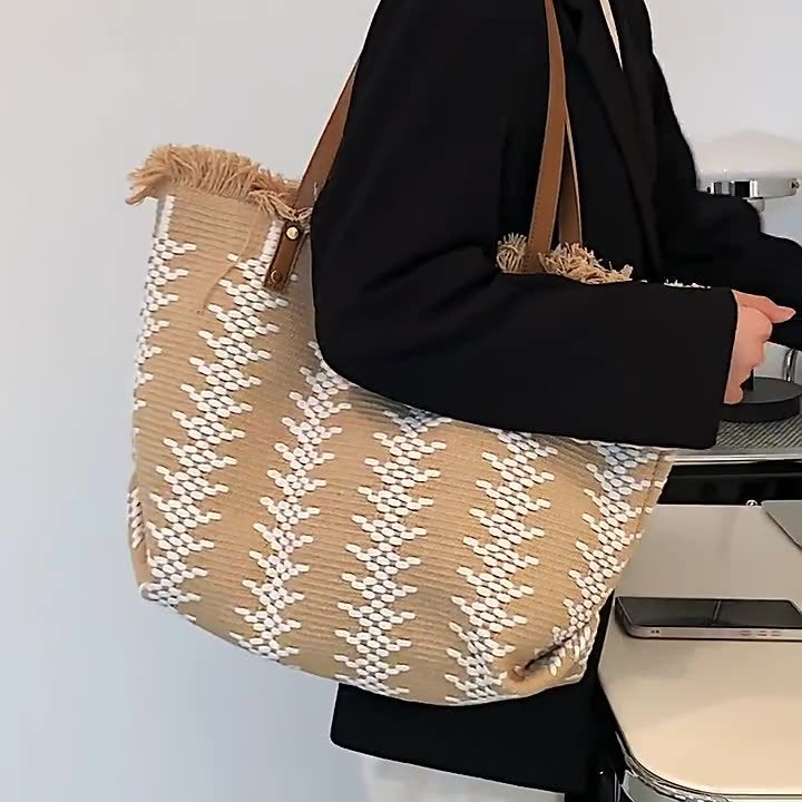 Women Large Canvas Tote 2026 New Tassel Cotton Linen Woven Minimalist Shoulder Bag