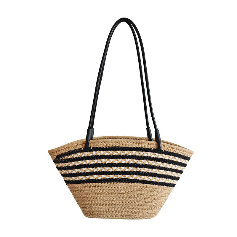 Braided Cotton Rope Color Block Striped Beach Tote
