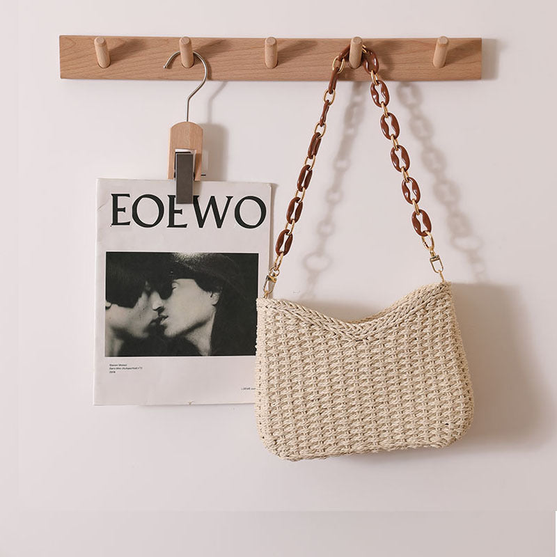 Women Purple Straw Woven Shoulder Solid Beach Tote Bag