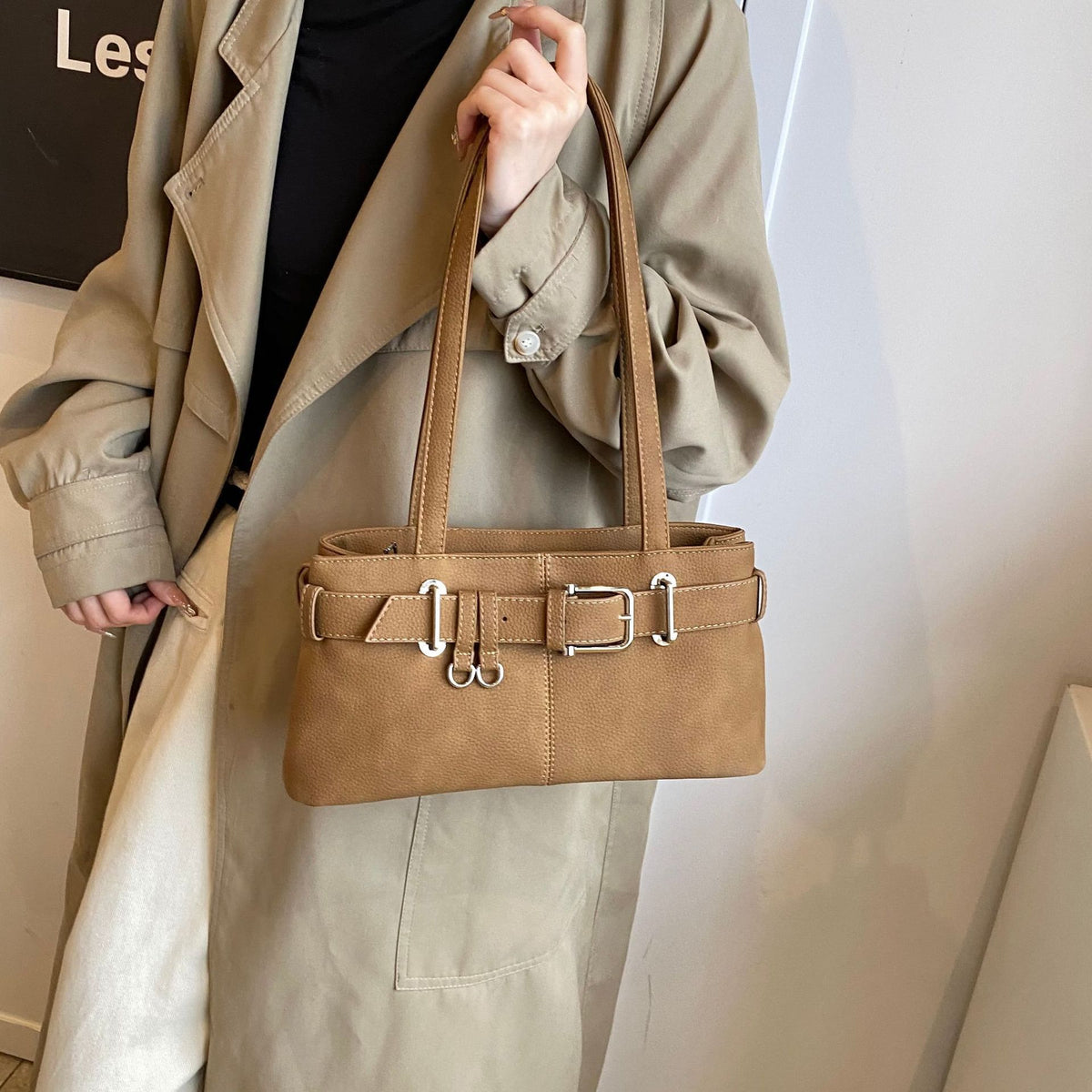 Belt Buckle Structured Zip Closure Shoulder Bag