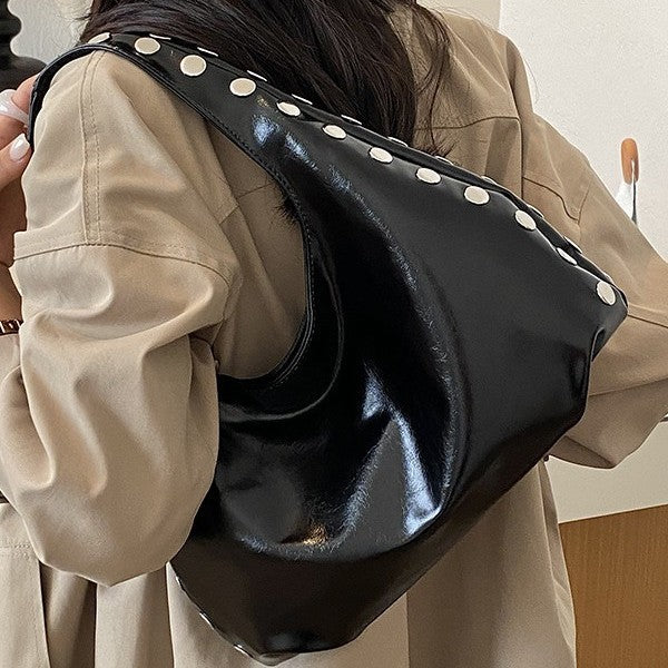 Glossy Hobo Shoulder Bag with Bold Metal Stud Detailing