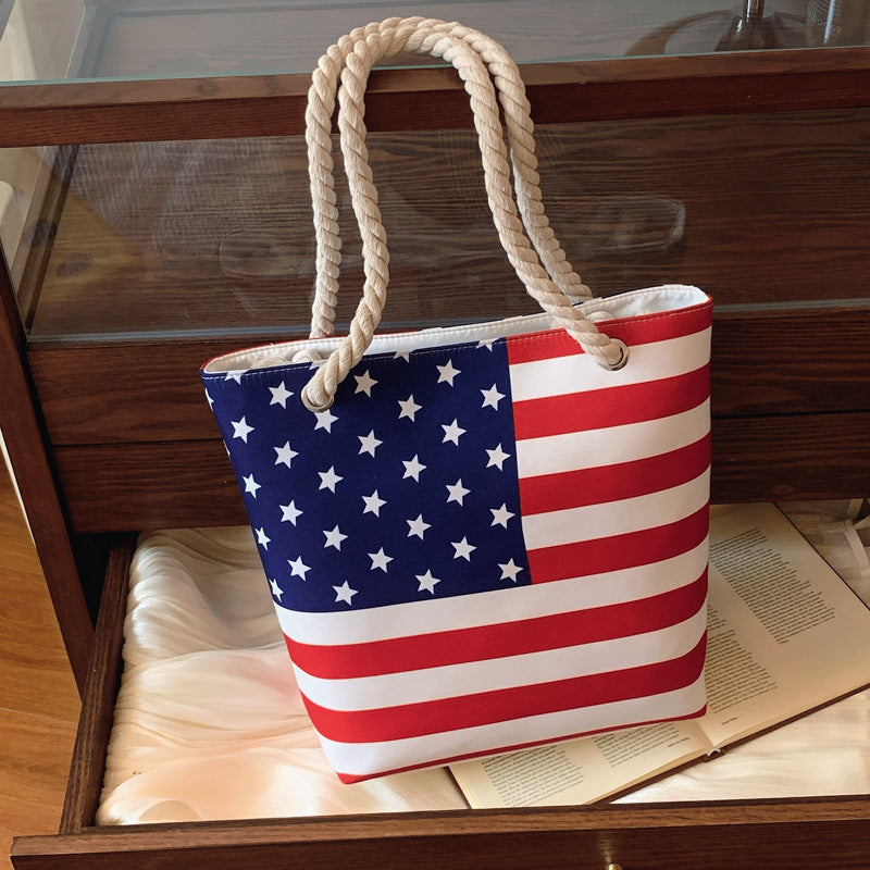 Canvas Striped American Flag Print Casual Fashion Shoulder Tote Bag
