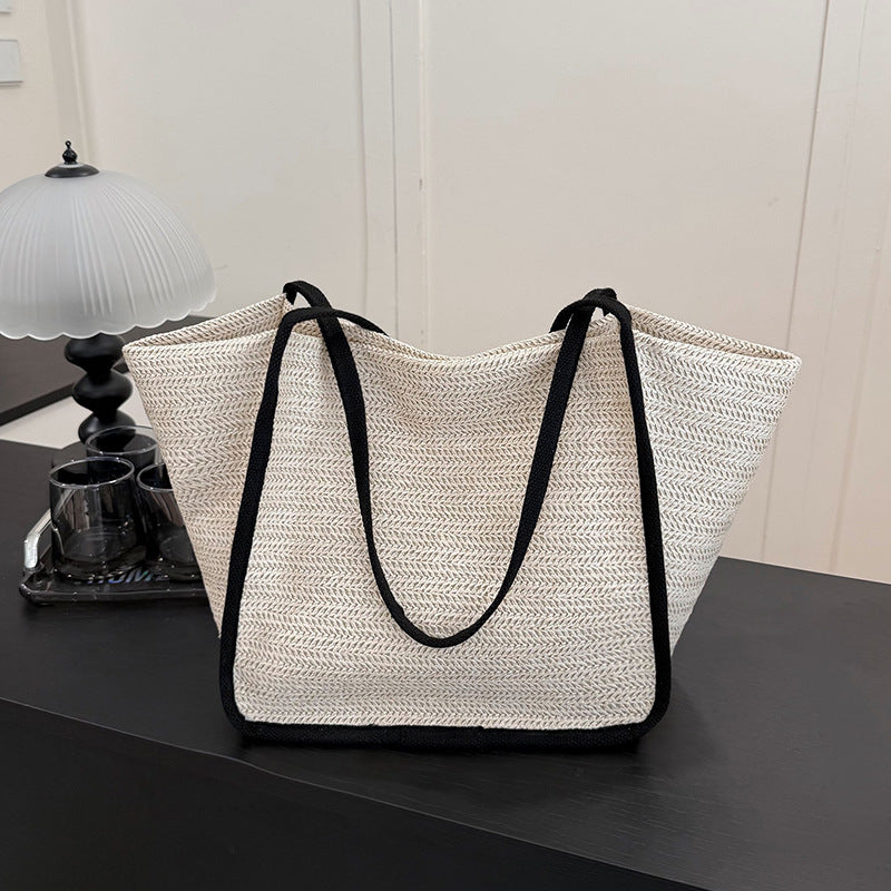 Cross-Border New Large-Capacity Commuter Tote Straw Bag Shoulder Woven Bag Casual Versatile Striped Beach Bag Women'S Bag