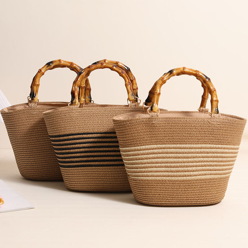 Women Bamboo Handheld Straw New Elegant Striped Woven Beach Bag