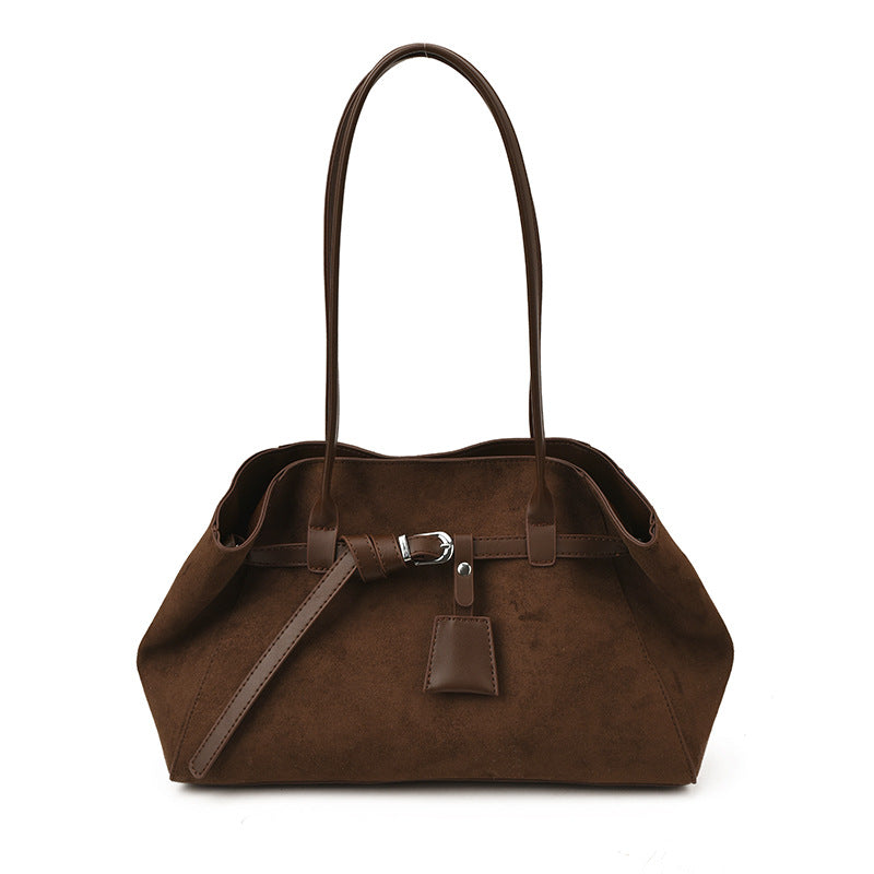 Belted Suede Structured Large Magnetic Snap Tote Bag