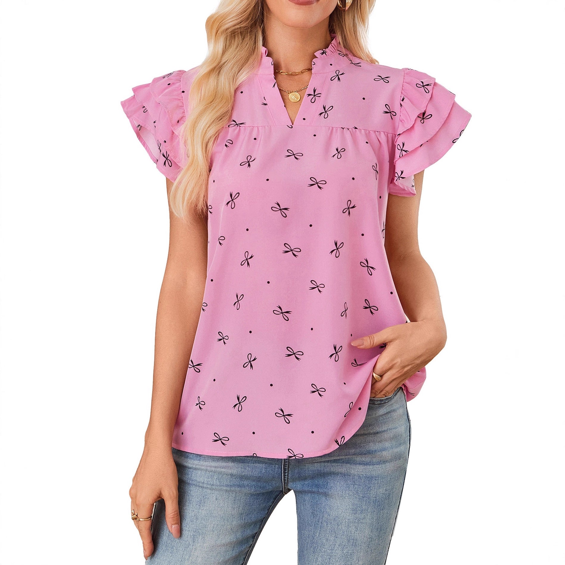 Women V-Neck Multi-Layered Ruffle Sleeves Sweet Chiffon Top