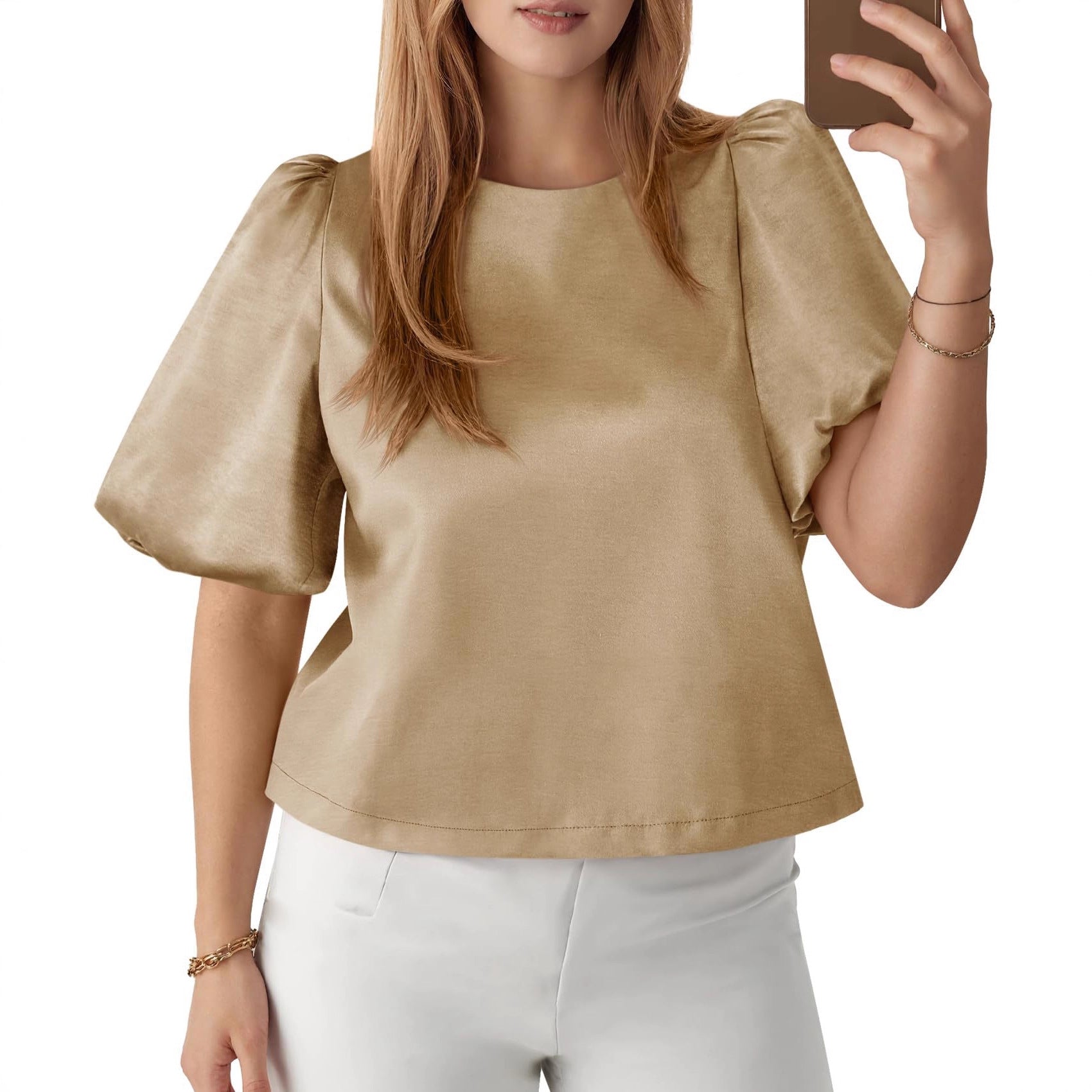 Elegant Women's Round Neck Satin Puff Sleeve Baby Doll Top