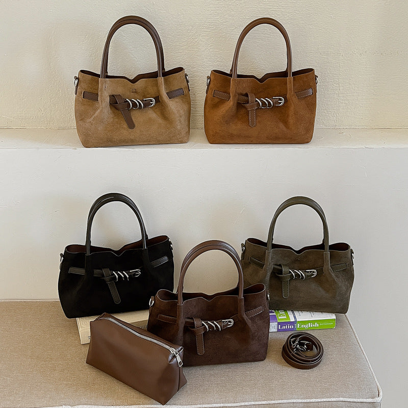 Elegant Suede Mini Handbag with Buckle Detail