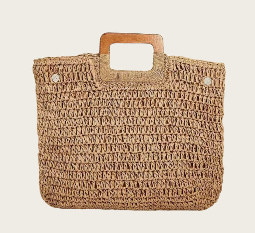 Women Solid Color Wooden Handle Straw Woven Bag, Summer Beach Handmade Fashion Bag