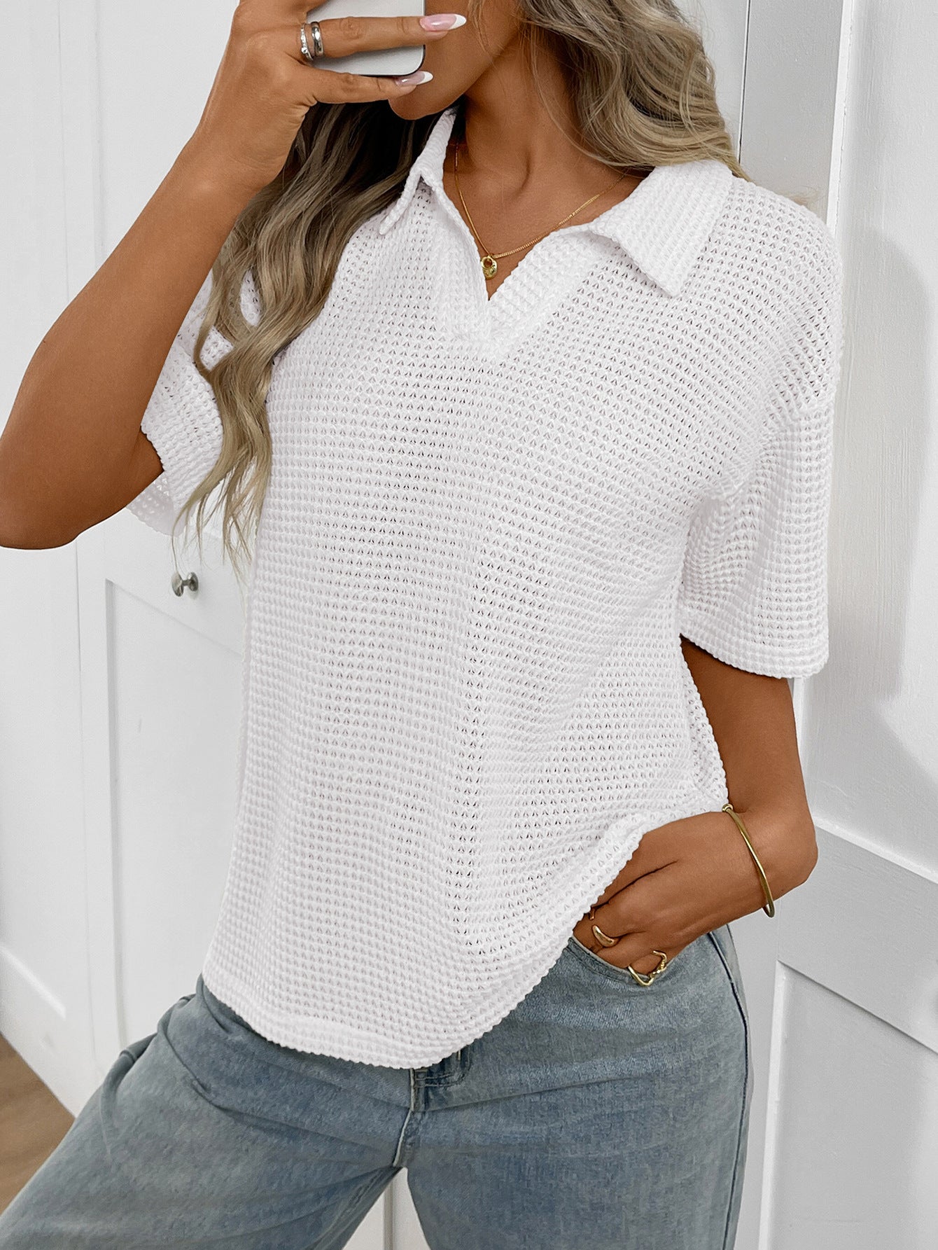 Women Lapel Knitted Loose Short-Sleeve T-Shirt