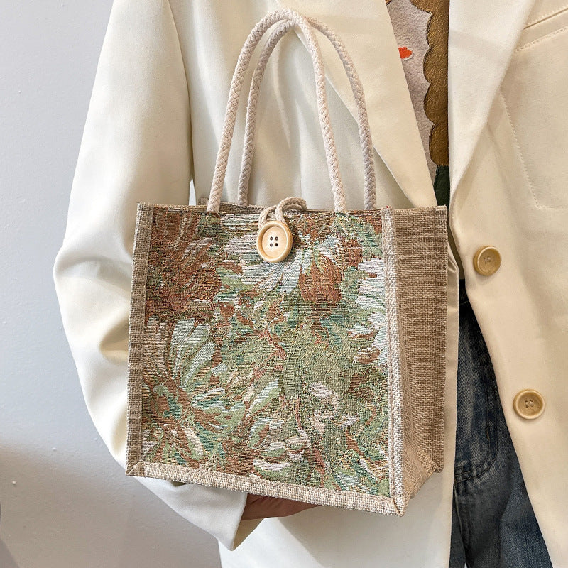 Women Linen Canvas Lunch Bag Handheld