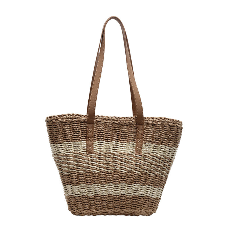 Casual Simple Striped Large Capacity Straw Woven Beach Shoulder Bag