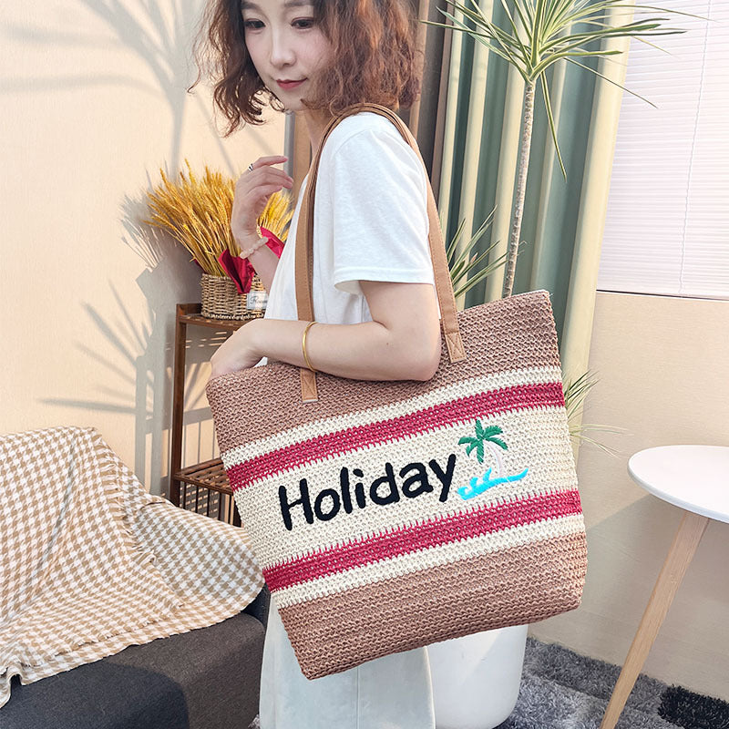Striped Contrast Letter Embroidery Woven Beach Shoulder Bag