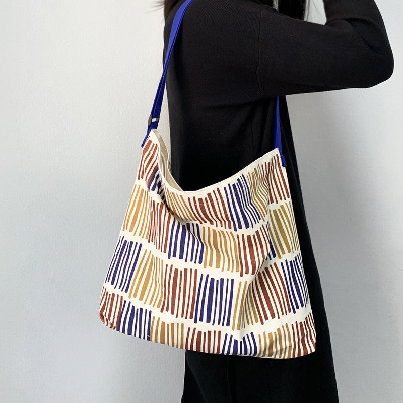Women Color Block Stripe Crossbody Canvas Bag