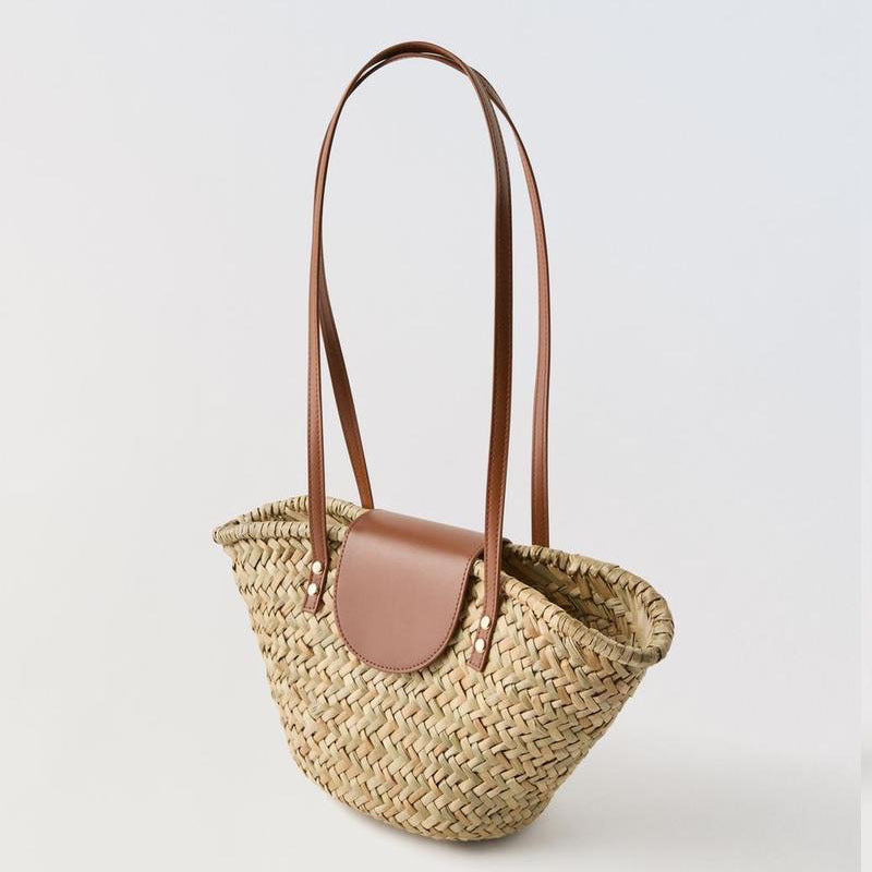 Factory Direct Sales Natural Grass Single Shoulder Straw Bag New Pu Splicing Woven Bag Vacation Beach Bag Versatile Rattan Bag