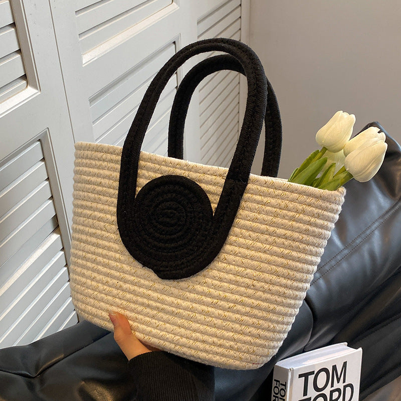 Retro Contrast Color Splicing Cotton Woven Large Capacity Simple Fashion Shoulder Handbag