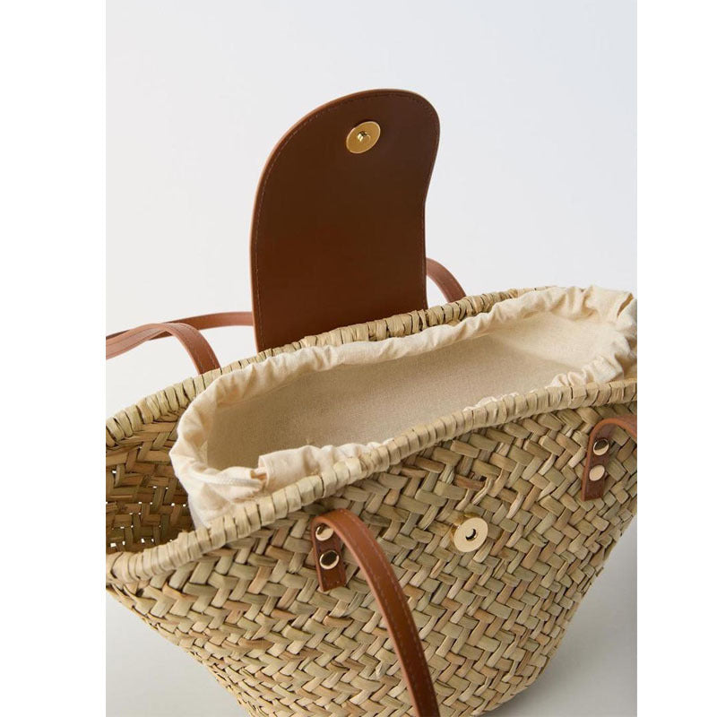 Factory Direct Sales Natural Grass Single Shoulder Straw Bag New Pu Splicing Woven Bag Vacation Beach Bag Versatile Rattan Bag