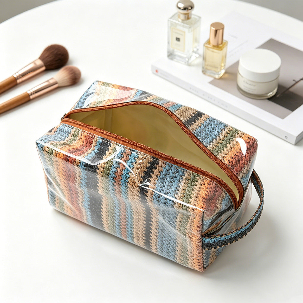 2026 Imitation Straw Waterproof Pvc Cosmetic Bag Large Capacity Cosmetic Storage Bag Wash Bag Bright Fabric Cosmetic Bag