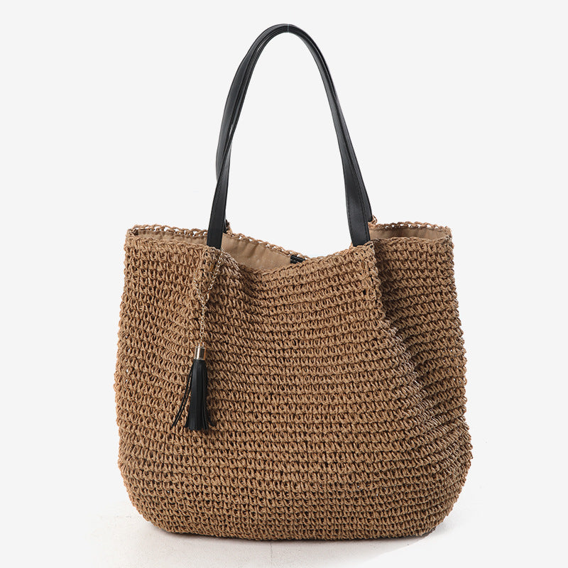 Large-Capacity French Retro Straw Tassel Shoulder Woven Beach Bag