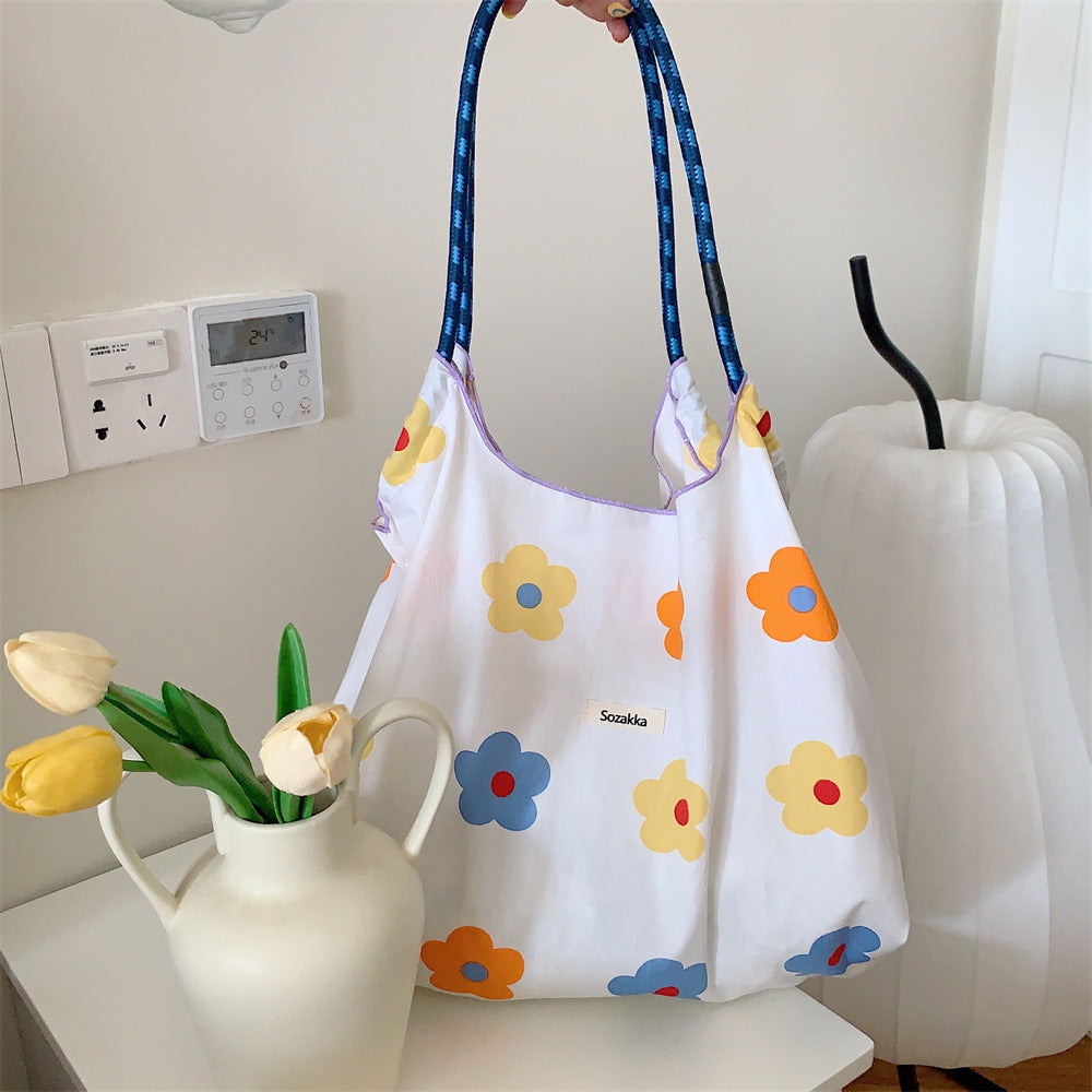 Korean Large Capacity Drawstring Floral Tote Bag