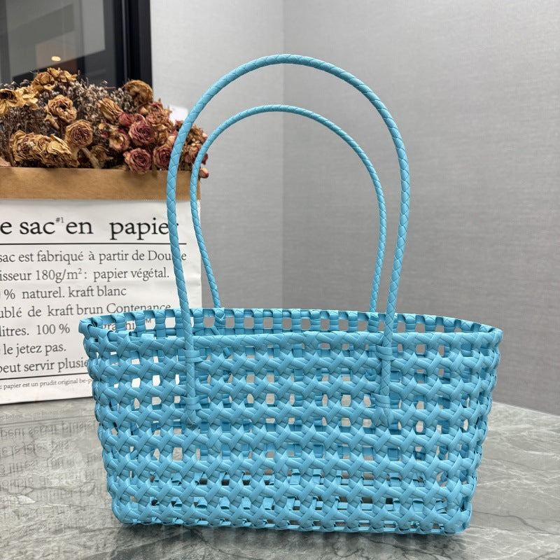 Candy Color Hollow Woven One-Shoulder Beach Bag