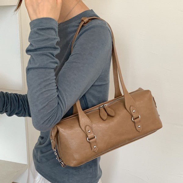 Vintage East-West Barrel Shoulder Bag with Buckle Details