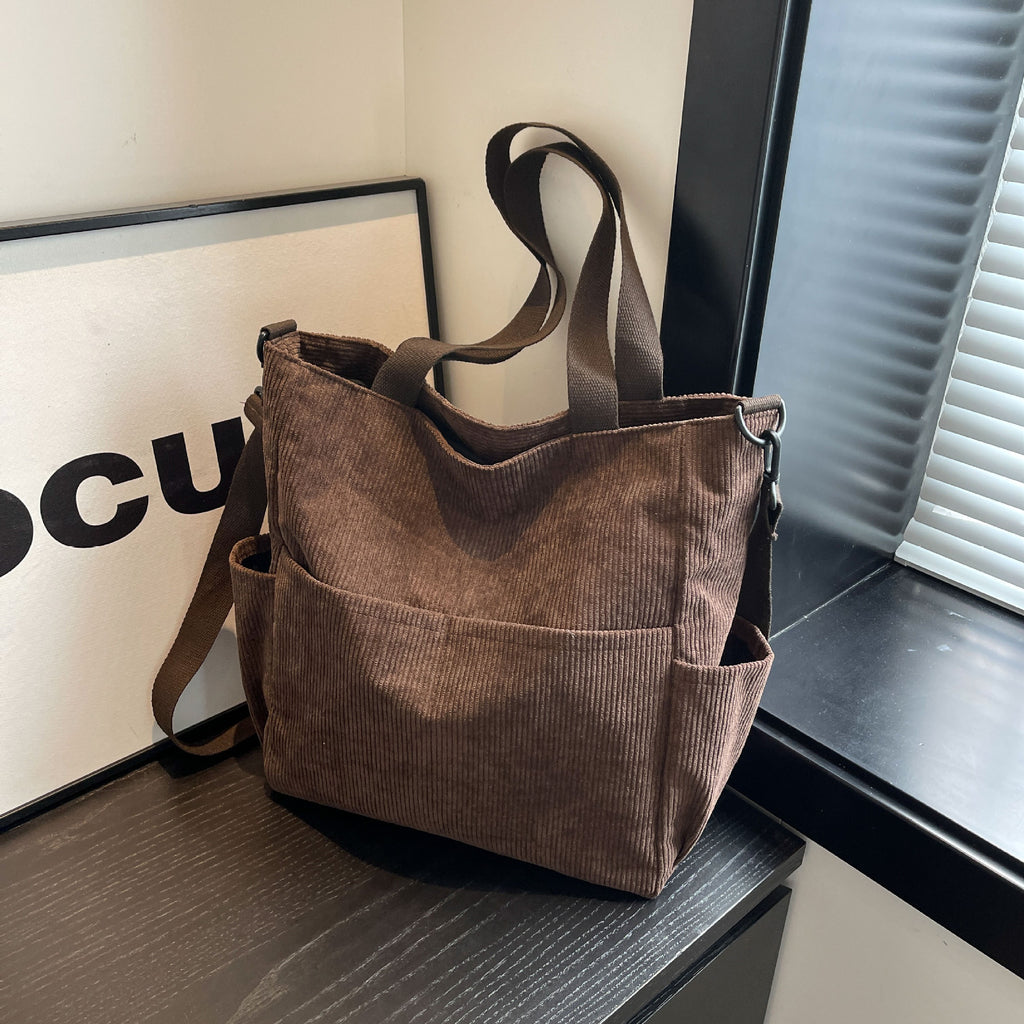 Large Corduroy Multi Pocket Convertible Shoulder Tote Bag