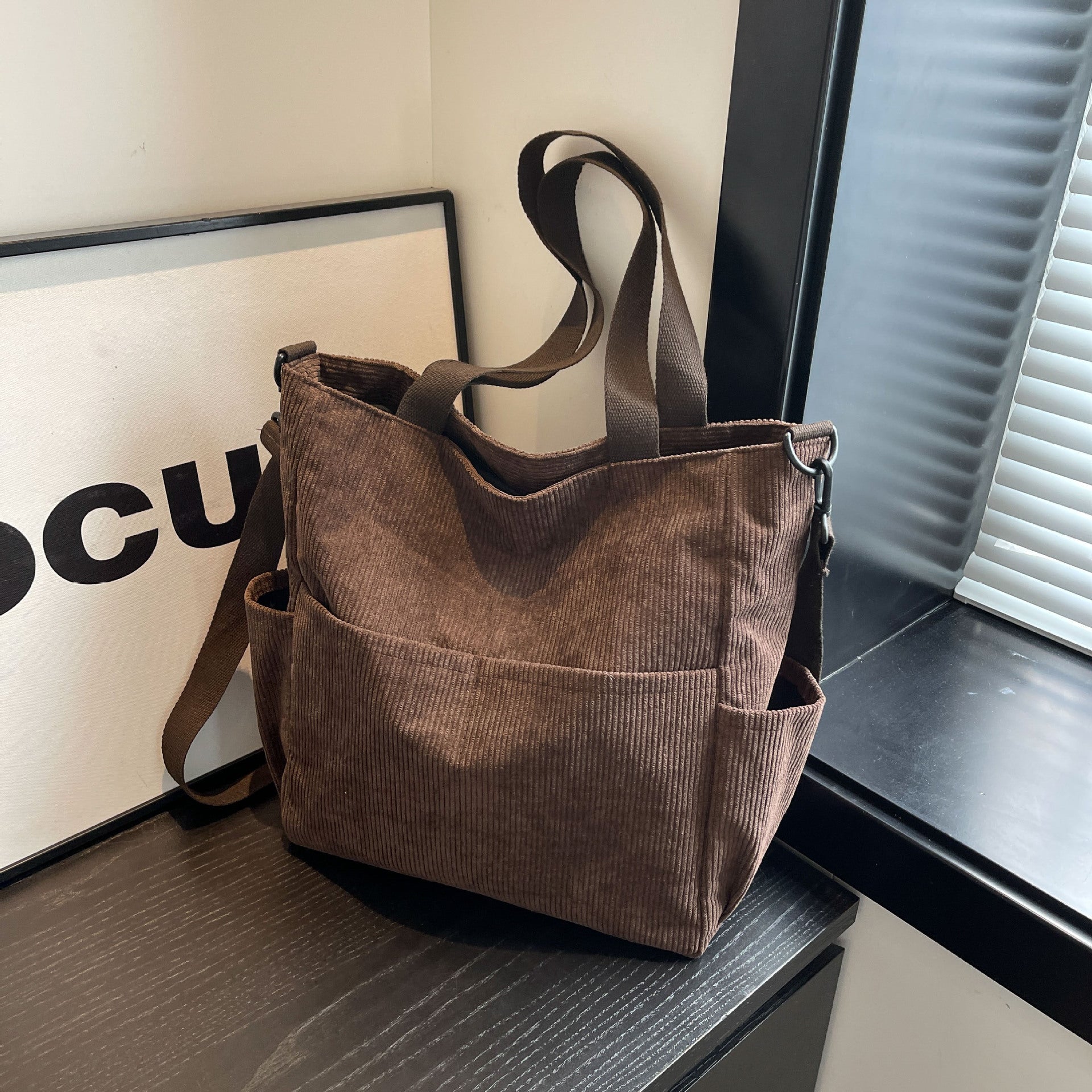 Large Corduroy Multi Pocket Convertible Shoulder Tote Bag