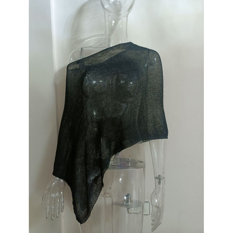 2025 Design Irregular Cape Shawl Sun Protection Shirt Women'S Season Loose Lazy Thin Ice Silk Knitted Sweater Top