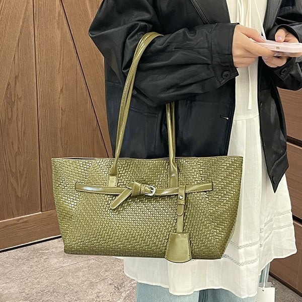 Textured Woven East-West Tote Bag with Belt Buckle Detail