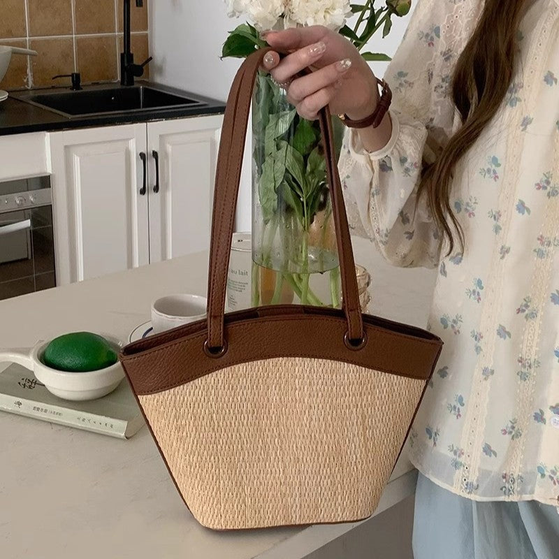 French Retro Straw Vegetable Basket Shoulder Woven Beach Bag