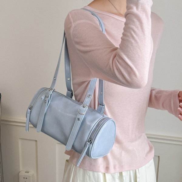 Barrel Shoulder Bag with Sleek Zippers and Buckle Accents
