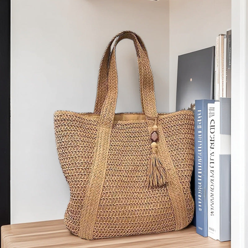 Solid Color Large-Capacity Braided Straw Beach Shoulder Bag