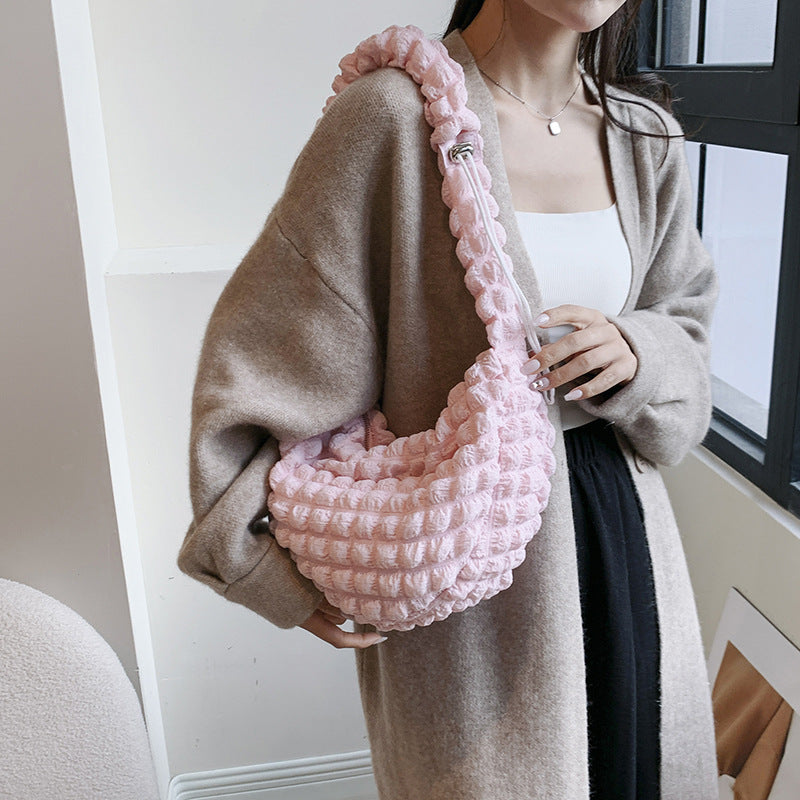 Pleated Bubble Cloud Plaid Tote Bag