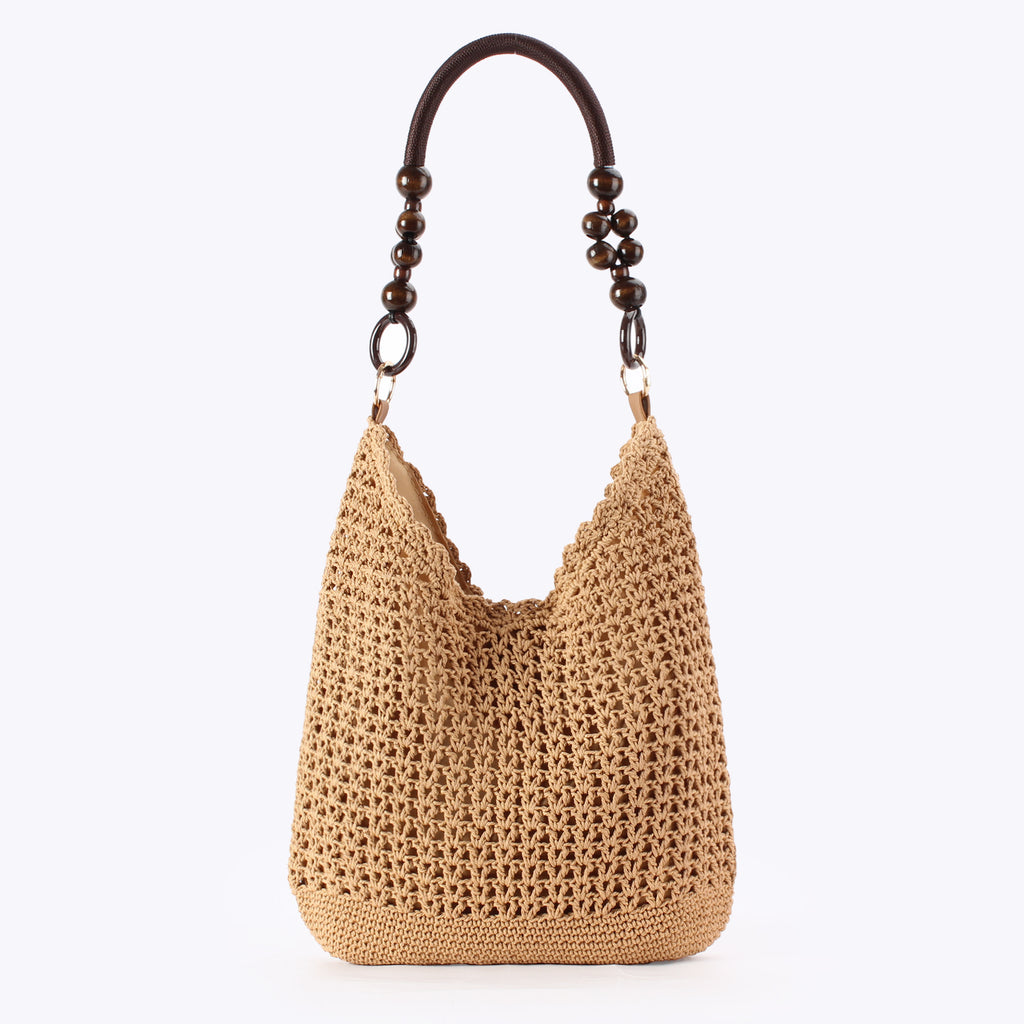 Hand Crocheted Cotton Hobo Shoulder Bag with Beaded Handle