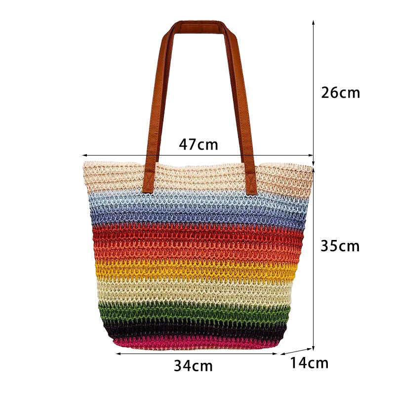 Striped Contrasting Color Handmade Straw Tote Bag